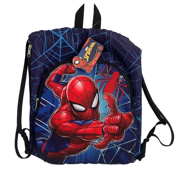 Marvel Spider-Man Drawstring Backpack 16"x13" Red Blue with Zipper Pockets NWT - Picture 1 of 5
